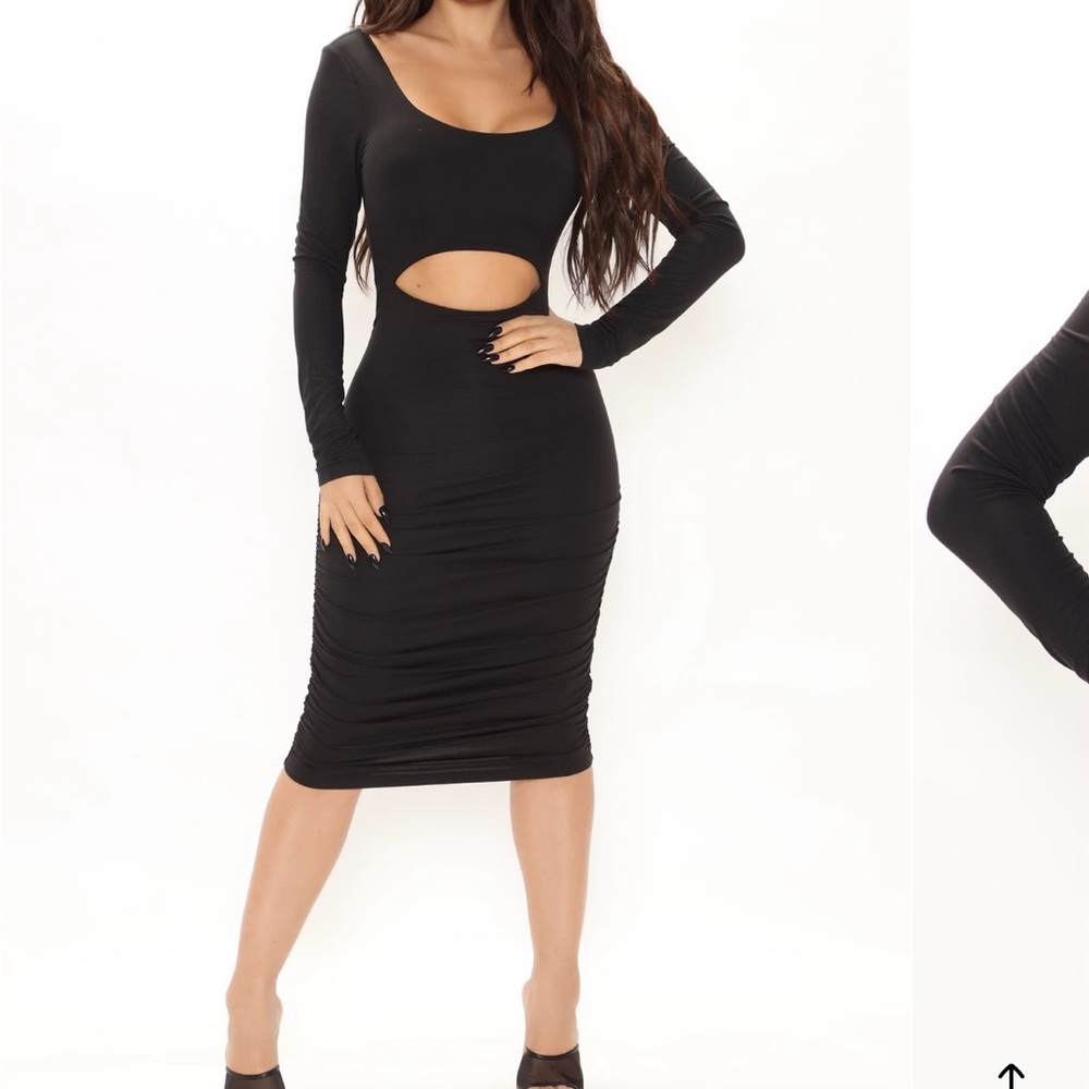 Fashion Nova Black Ruched Long Sleeve Dress